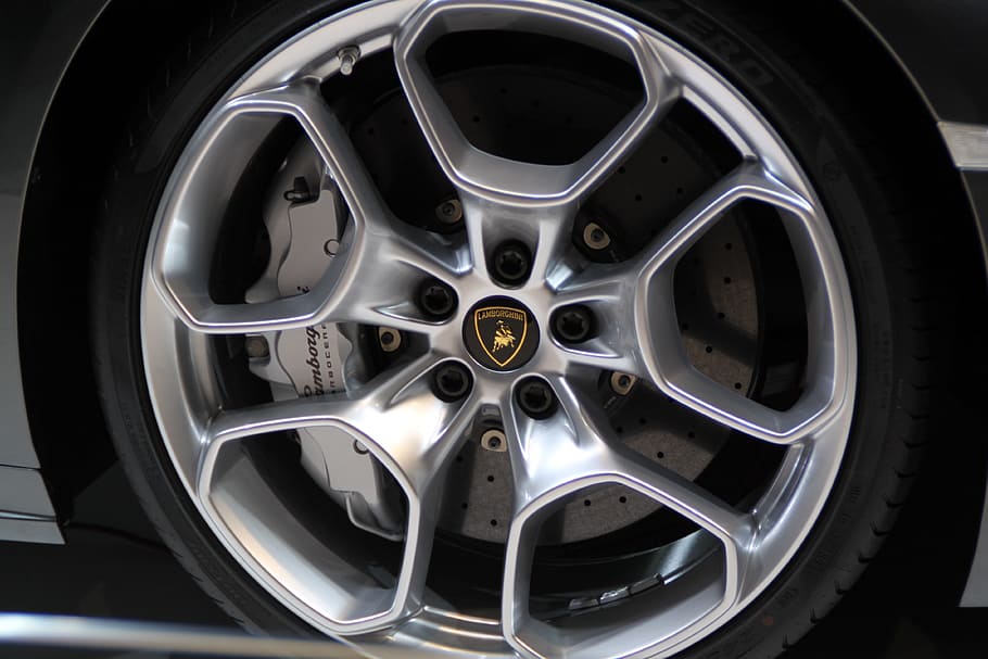 Lamborghini, Wheel Hub, Automotive, tire, car, wheel, land Vehicle, shiny, black Color, chrome
