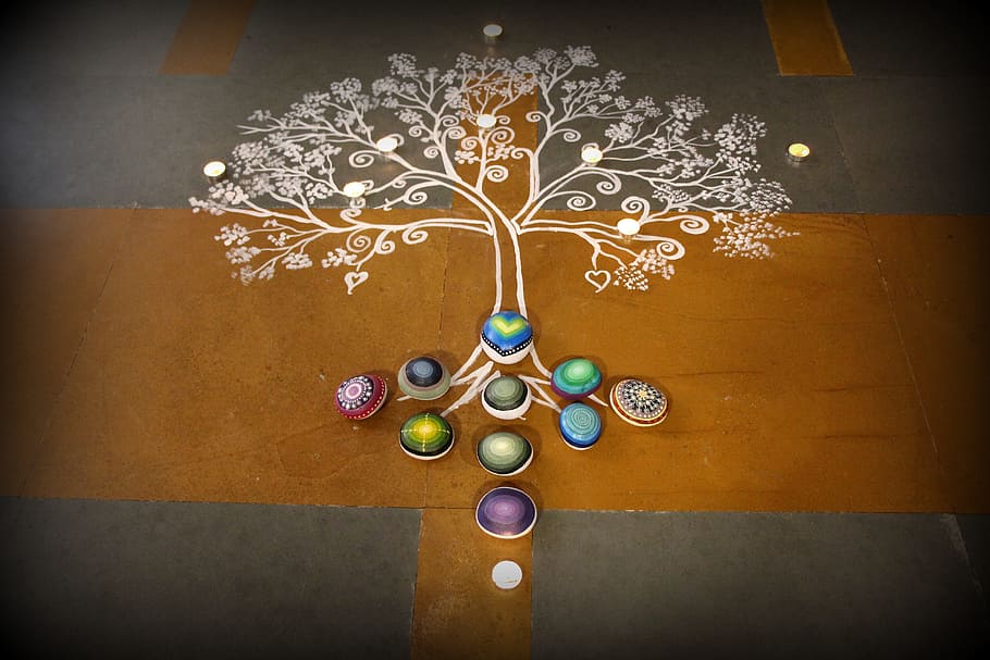 árvore, vida parede arte decoração, Rangoli, Pedras, Mandala, Projeto, padronizar, motivo, indiano, passatempo