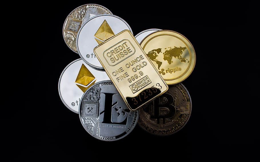 criptomoeda, barra de ouro, conceito, ativo, ativo digital, dinheiro, finanças, blockchain, bitcoin, ondulação