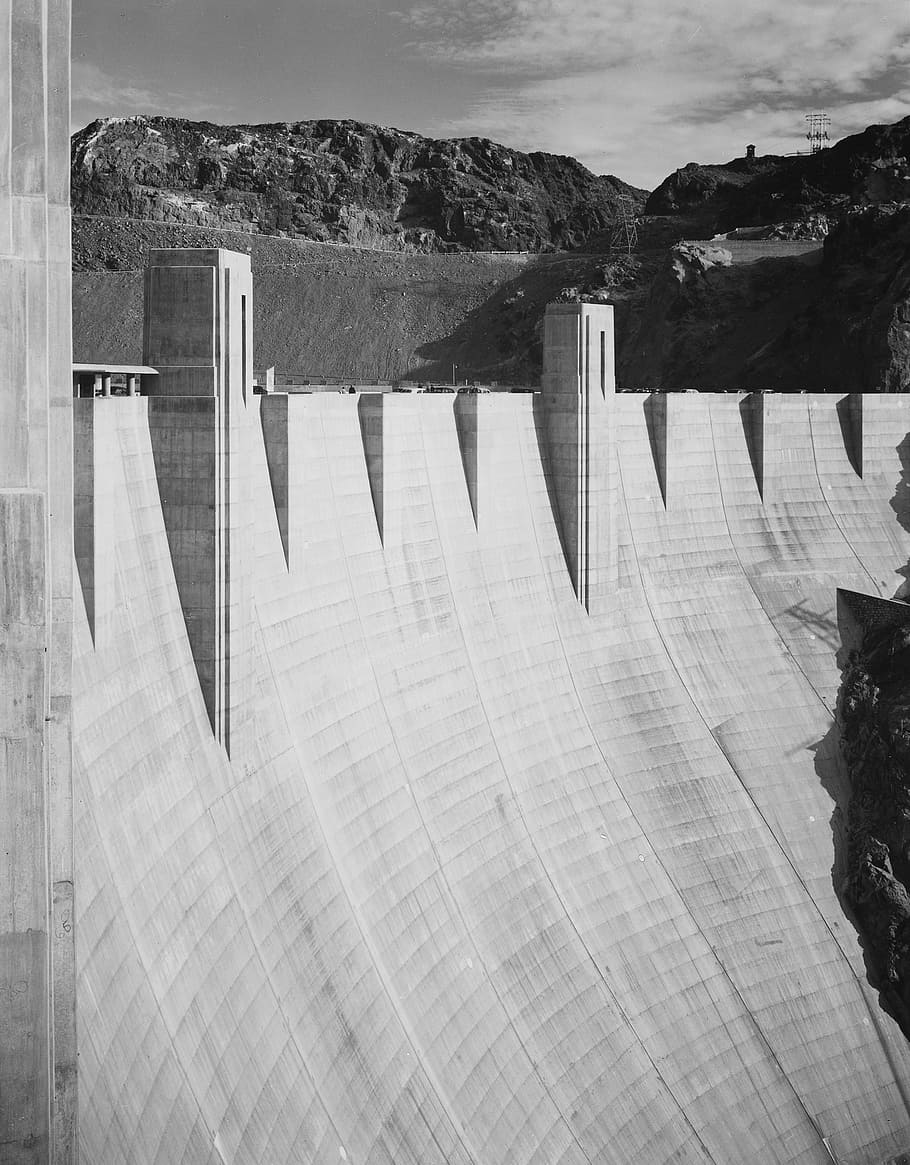 hoover dam, black and white, 1930s, landmark, famous, nevada, arizona, mountains, energy, structure