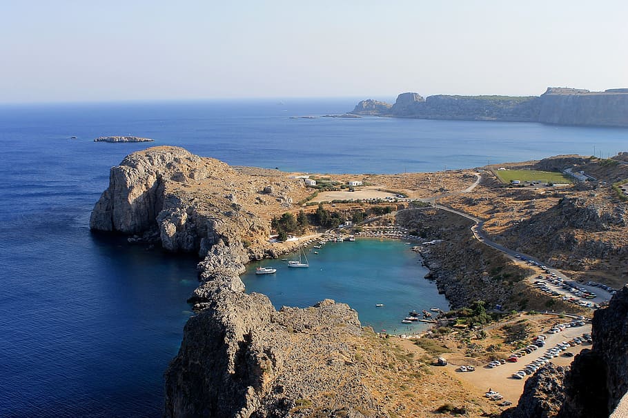lindos, rhodes, greece, overview, sea, water, land, scenics - nature, beach, sky