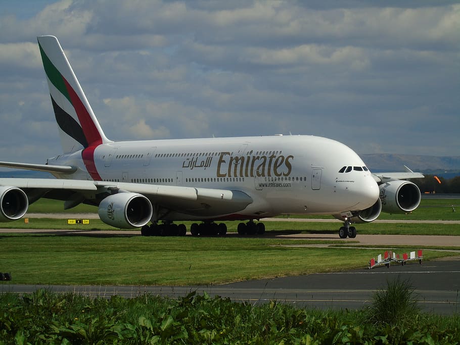 emirates airplane, board, aircraft, emirates, a380, travel, flight, plane, airline, fly