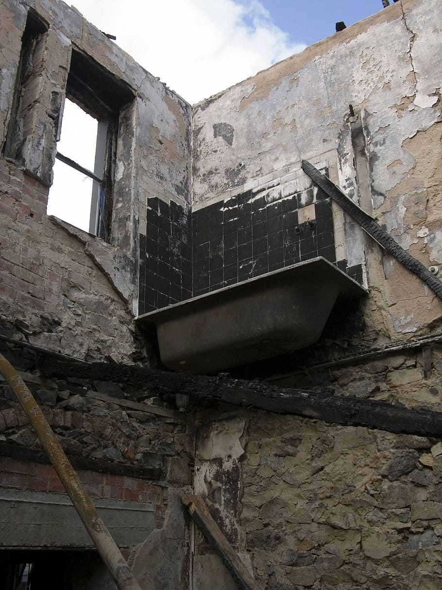 house, ruin, building, old, bath, burnt building, burnt, built structure, architecture, low angle view