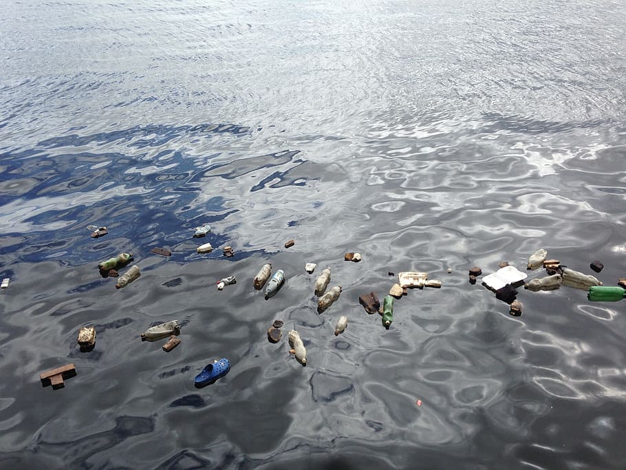 aerial, view photography, garbages, floating, body, water, polluted, plastic, garbage, bottle