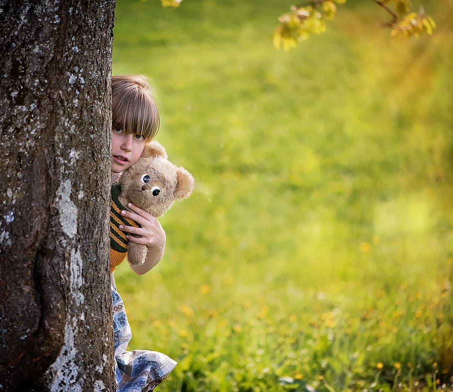 child, hiding, behind, tree, holding, brown, bear, plusht oy, girl, field