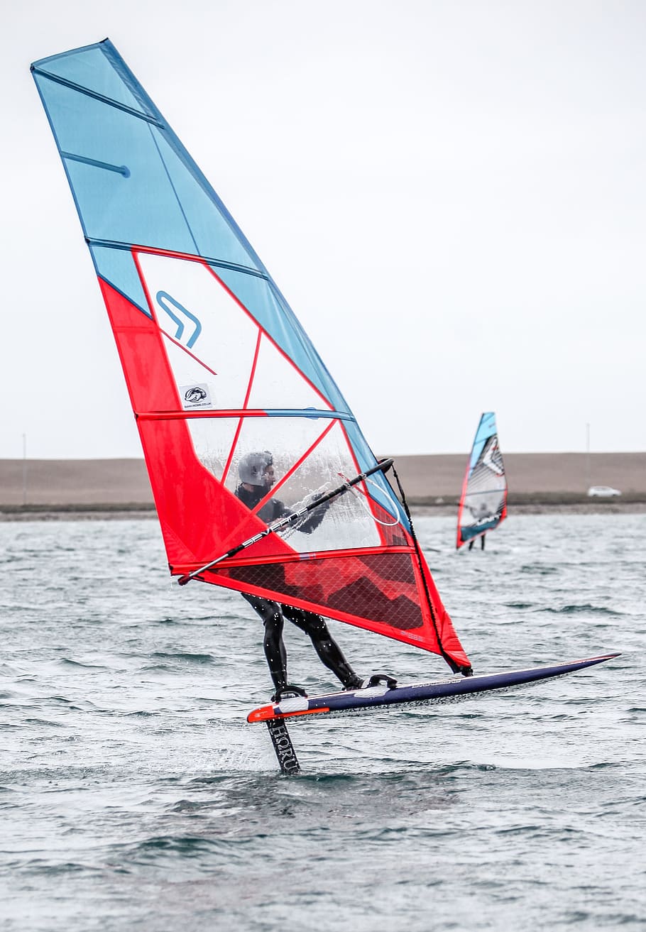 windsurfing, foiling, water, foil, sail, sport, nautical vessel, red, nature, transportation