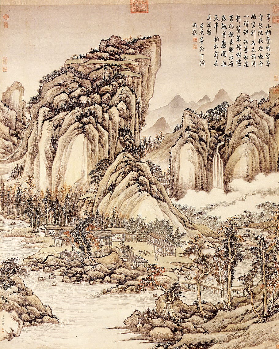 잉크, 전통, 중국어 회화, 풍경, 전통 중국어 회화, 예술과 공예, 독창성, 건축물, 역사, 과거