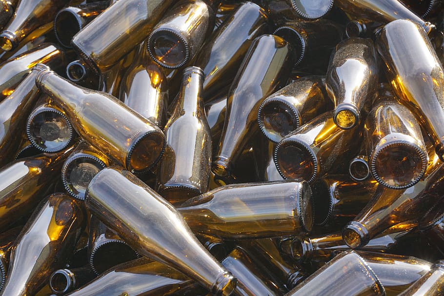 beer, bottles, brown glass, gas bottle, brown, glass, mountain, paid up, old, large group of objects