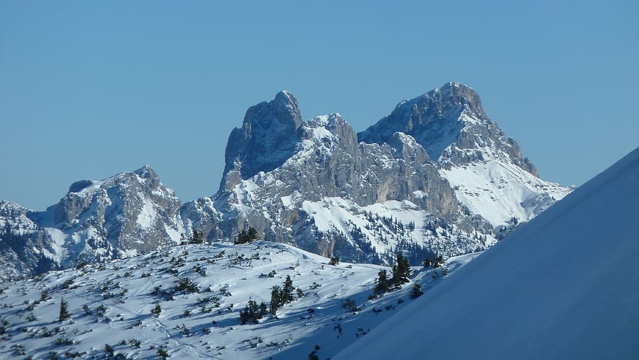 bird-eye, view photography, snow mountain, winter, snow, touring skis, tannheimertal, gimpel, red flühe, sunshine