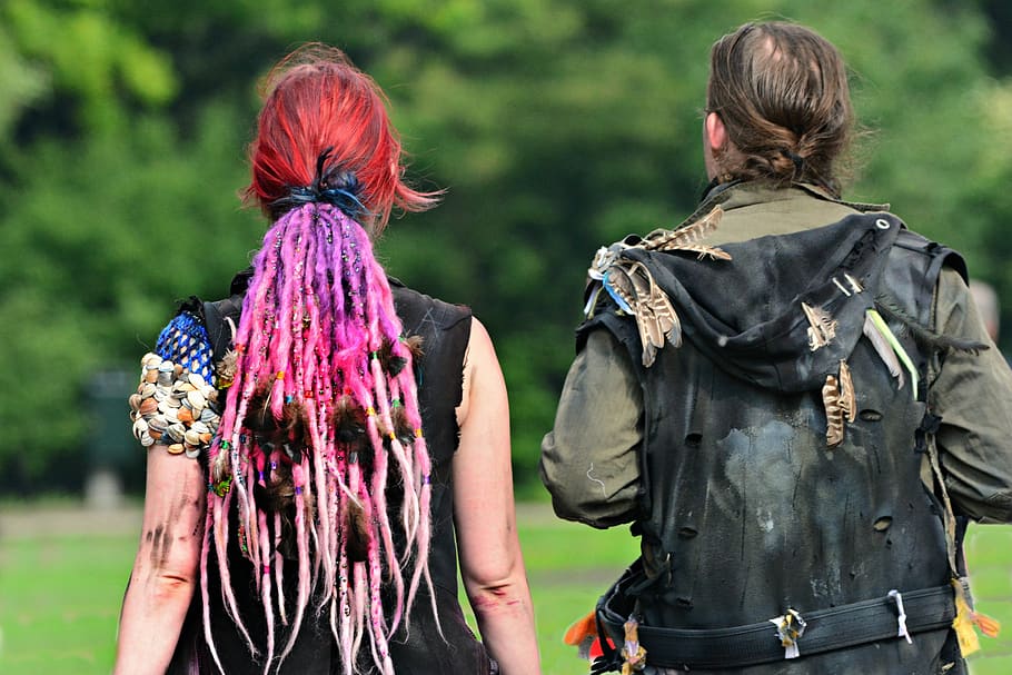 woman, pink hair, costume, dressed up, cosplay, man, side by side, together, walking, park