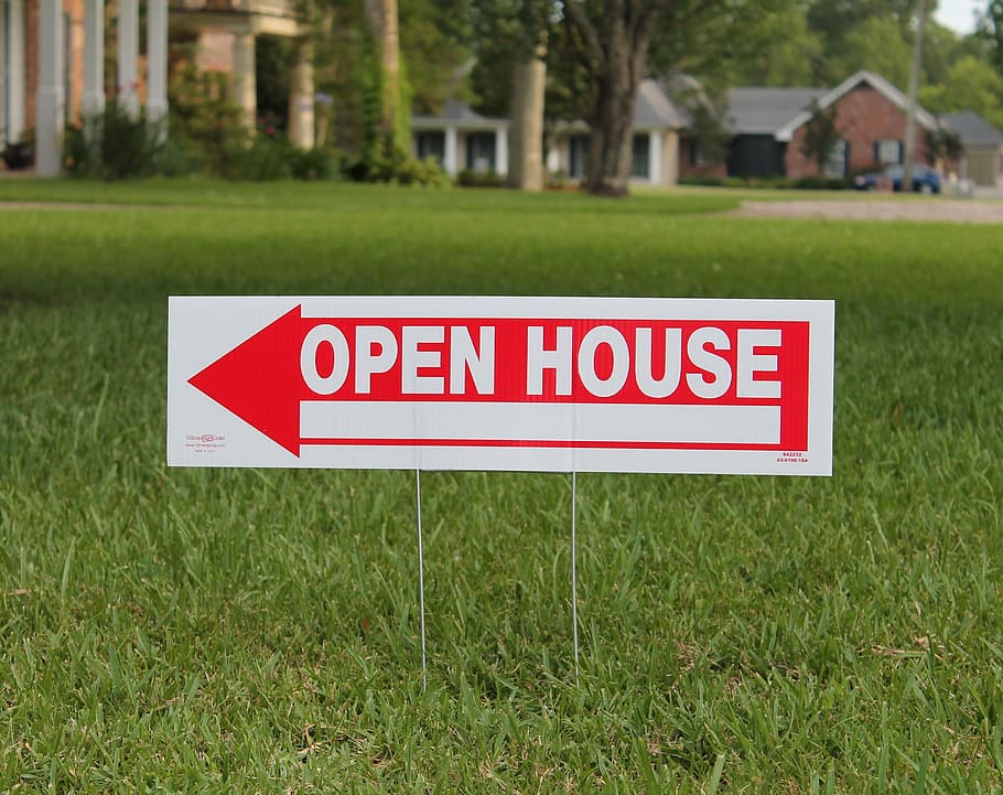 red, white, open, house signage, grass, Real Estate, Open House, Home, Property, sign