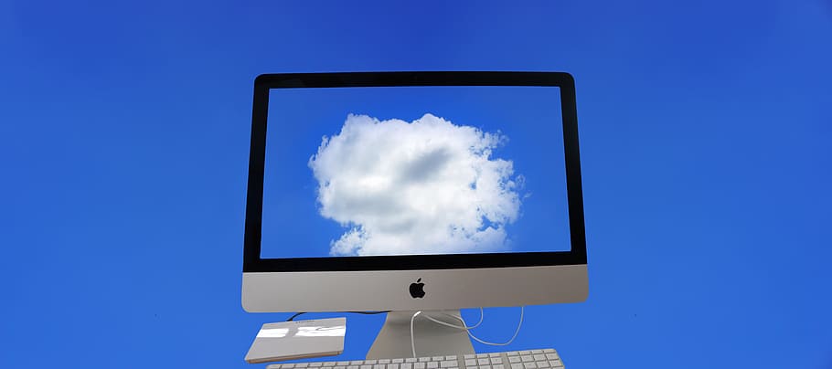 silver imac, monitor, displaying, clouds, cloud, apple, cloud computing, data store, capacity, network
