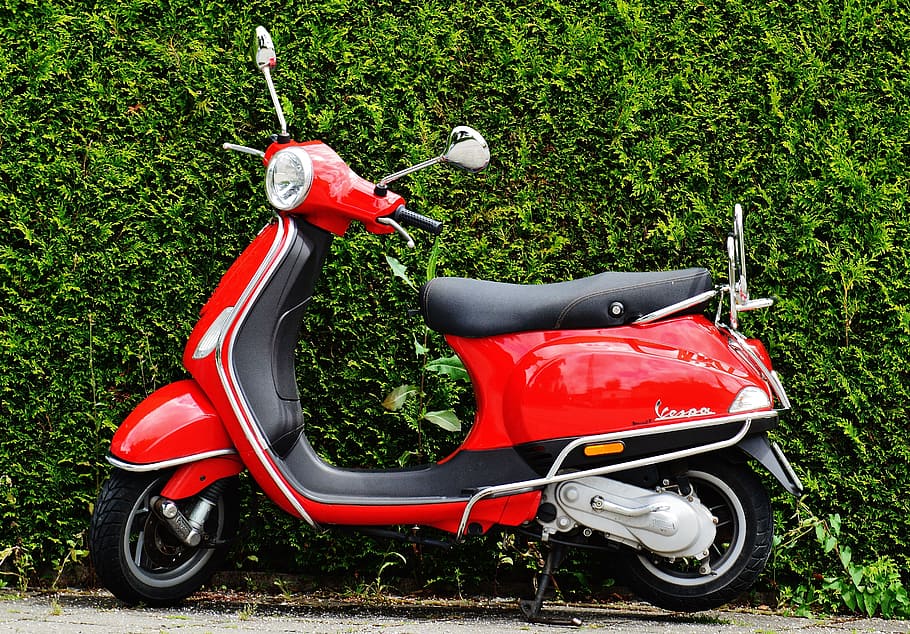 red, parked, bush, Vespa, Roller, Motor Scooter, Cult, moped, flitzer, drive