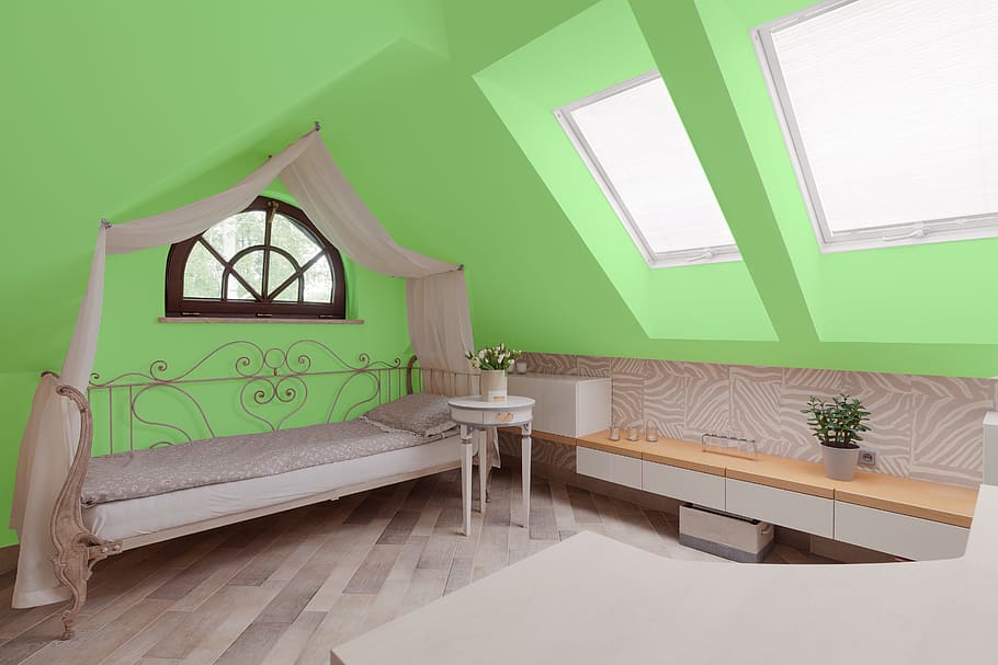 green, bedroom, house, bed, apartment, home, room, interior, furniture, wall