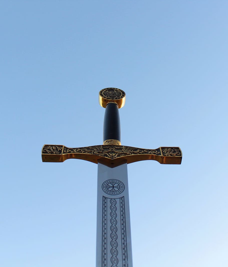 sword, excalibur, epic, against the sky, sky, low angle view, clear sky, nature, blue, tall - high