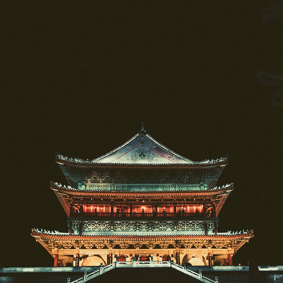 estructural, foto, gris, rojo, templo, arquitectura, edificio, oscuro, noche, china