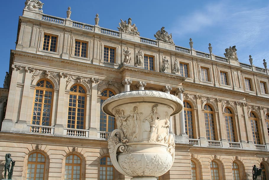 Paris, Versailles, Palace, versailles, palace, fecade, architecture, building exterior, architectural column, built structure, statue