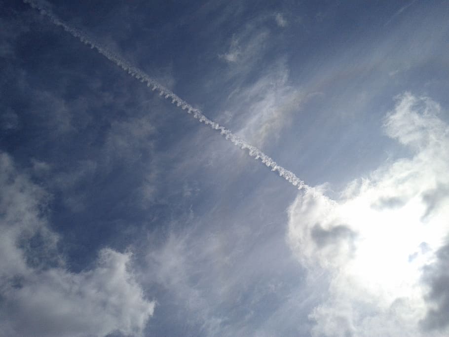 geo engineering, cloud, sky, blue, trail, white, contrail, cloud - sky, low angle view, vapor trail