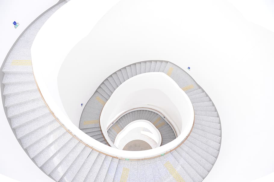building, architecture, city, spiral, built structure, spiral staircase, staircase, steps and staircases, indoors, white color
