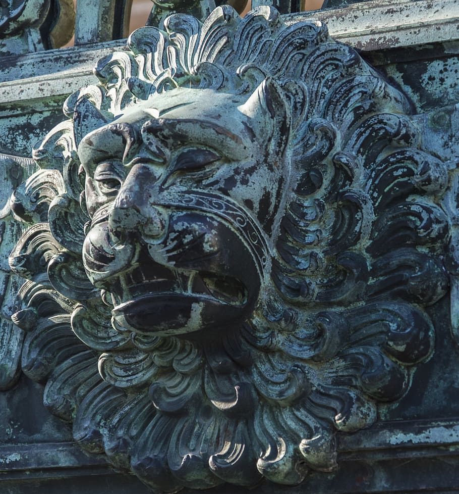 lion, goal, gate, input, old, door, doorknocker, antique, metal, ornament