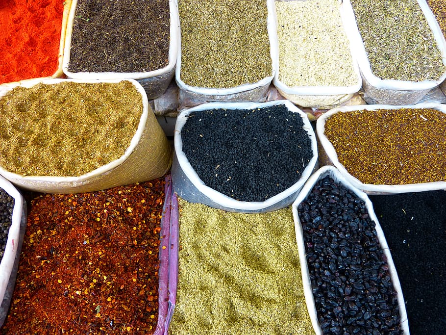 assorted spices, spices, market, bazar, colorful, color, trading post, food, spice, fragrance