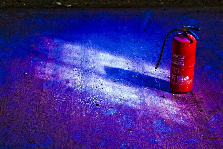 red, black, floor, Fire Extinguisher, Space, Shadow, blue, close-up, illuminated, indoors
