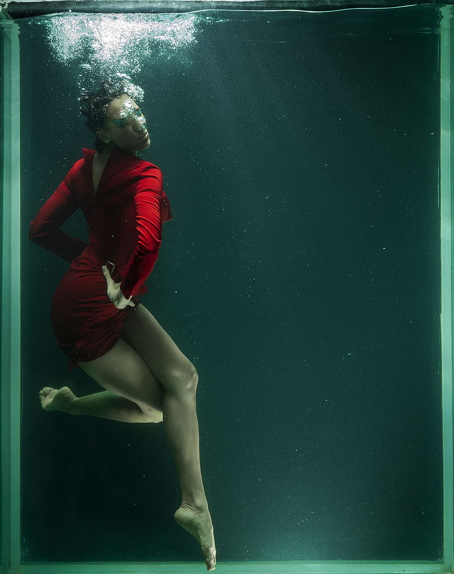 woman, wearing, red, long-sleeved, mini dress, water, underwater, fine arts, dom, life