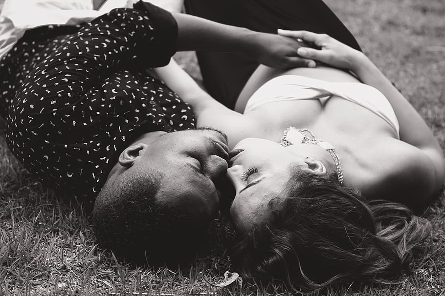 people, couple, kiss, love, black and white, nature, outdoor, playground, grass, real people