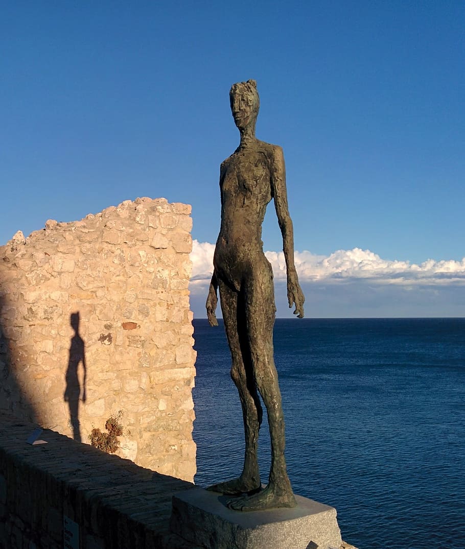 Shadow, Silhouette, Statue, Thin, Tall, metal, sea, sun, sky, sculpture