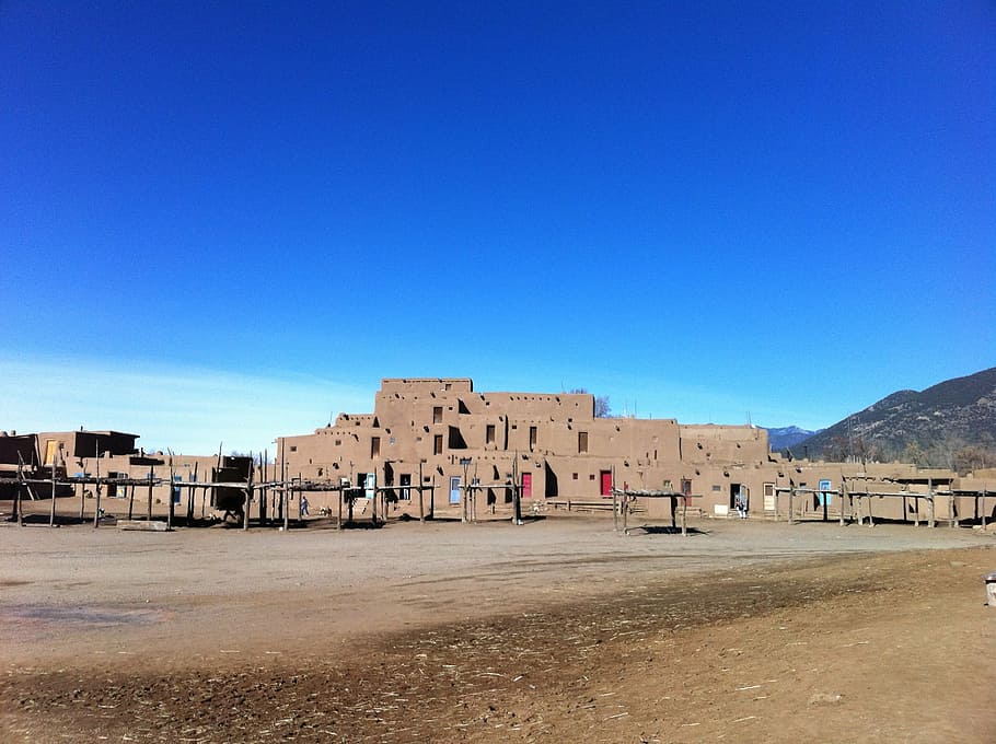 taos, adobe, pueblo, indian, sky, architecture, built structure, clear sky, building exterior, blue