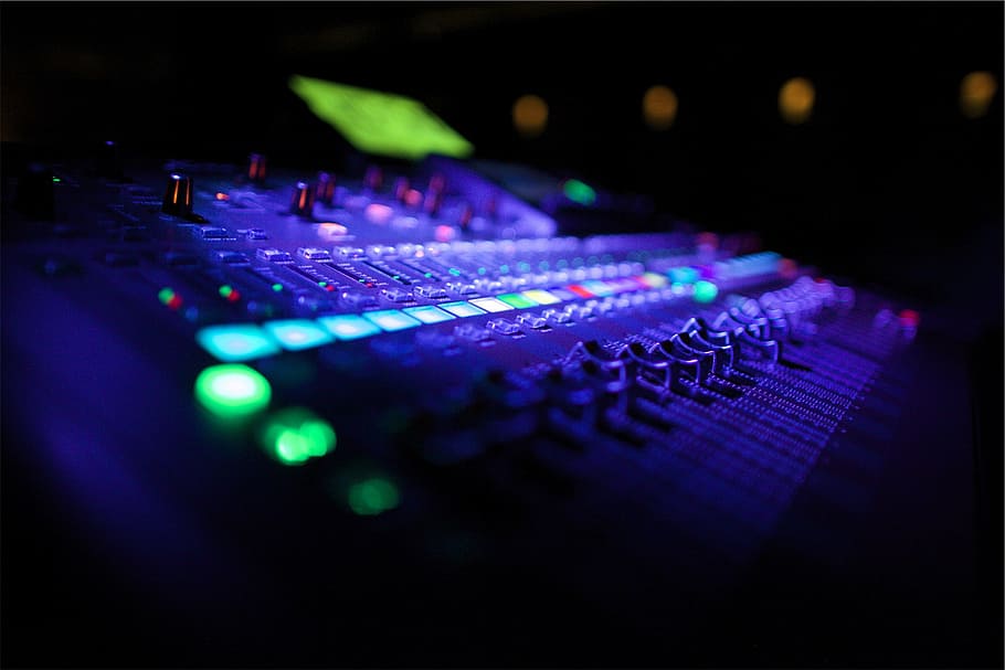 mixer audio abu-abu, makro, tembakan, audio, mixer, dj, peralatan, teknologi, produser, musik