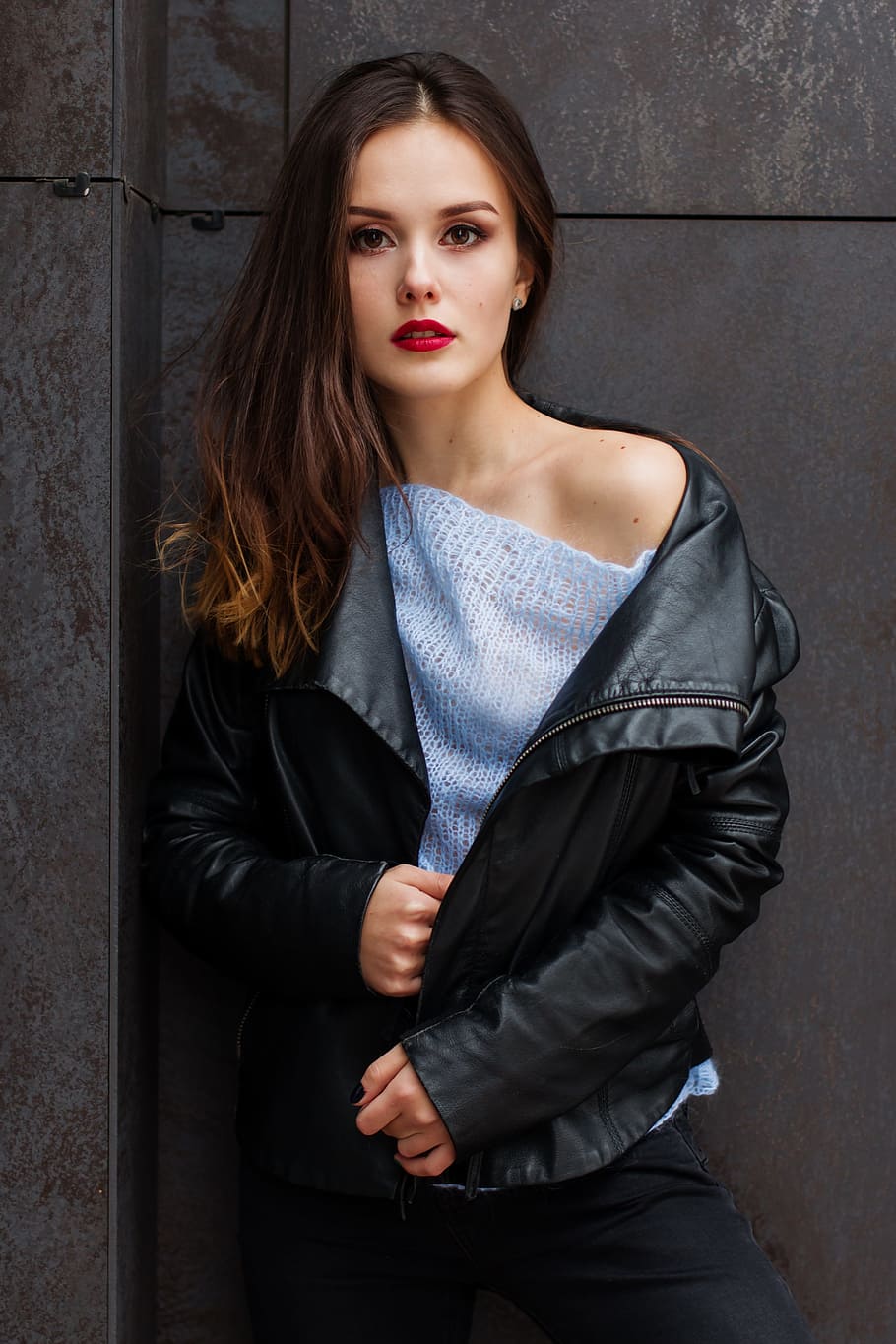 woman, wearing, black, leather full-zip jacket, portrait, fashion, young, model, style, stylish