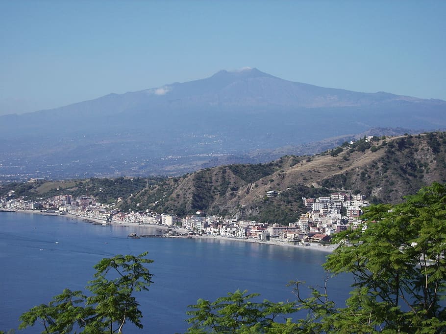 mount, etna, city, Mount Etna, the City Below, italy, public domain, sea, sicily, town
