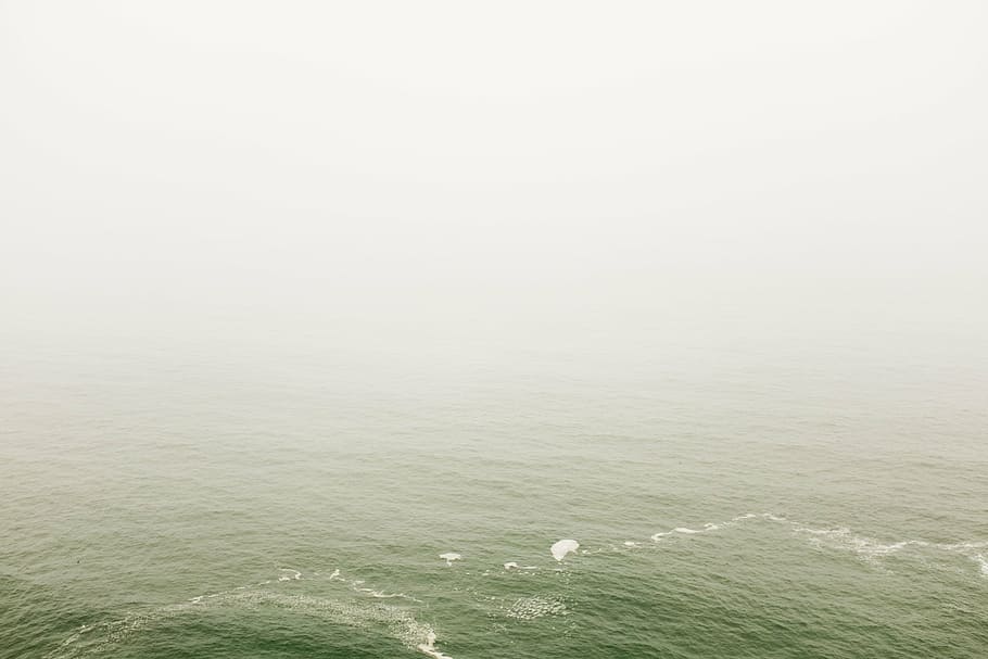 gree body, water, ocean, sea, sky, foggy, fog, waves, wet, horizon