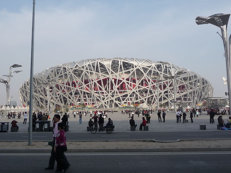 people, outside, stadium, daytime, bird's nest, beijing, olympics, landmark, construction, design