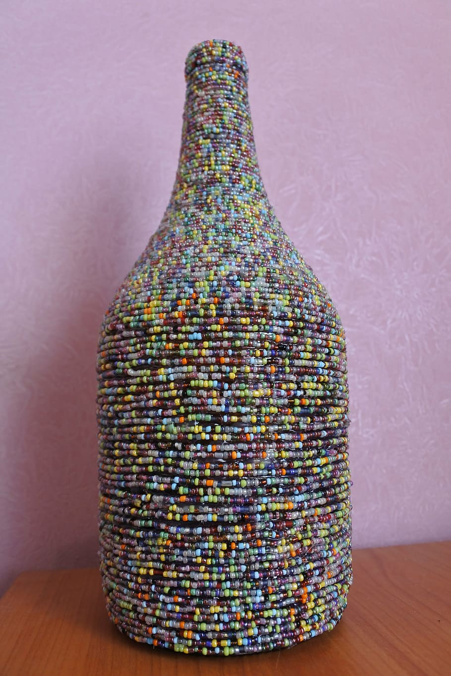 botella, abalorios, hecho a mano, decoración, rosa, multicolor, pied, uno, florero, manualidades