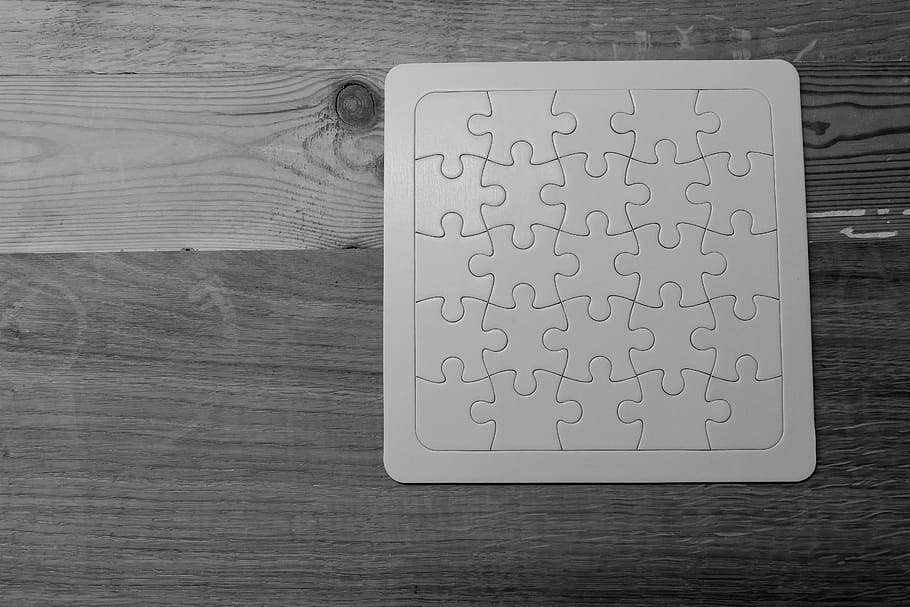 grayscale photography, jigsaw puzzle, puzzle, empty, white, puzzle piece, play, patience, memory cards covered with, getting caught