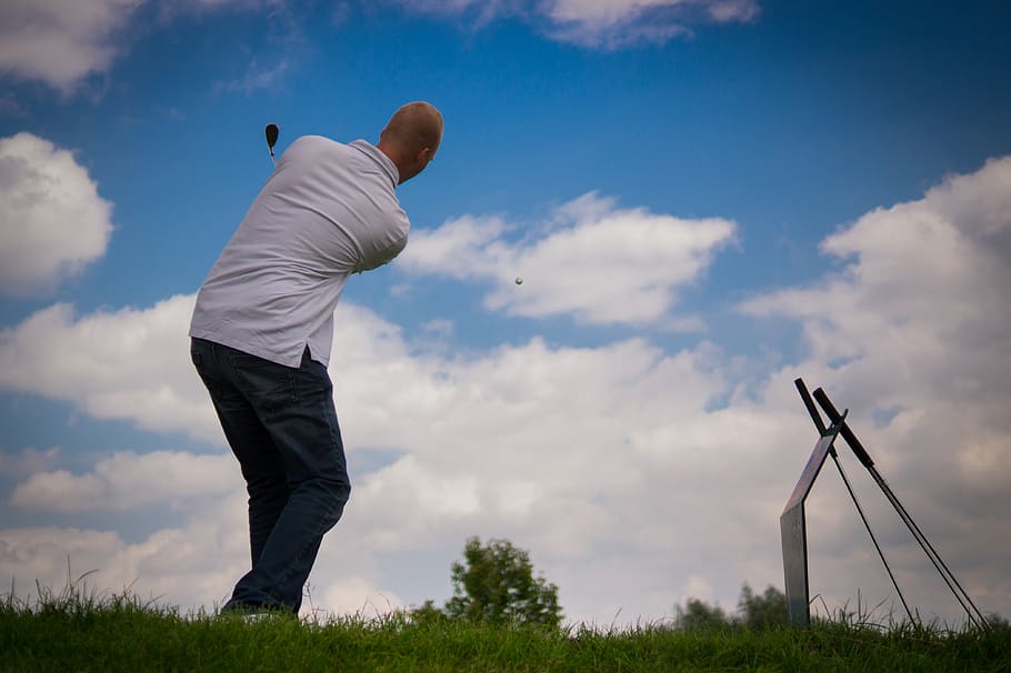 golf, swing, sports, grass, clubs, cloud - sky, sky, one person, real people, men