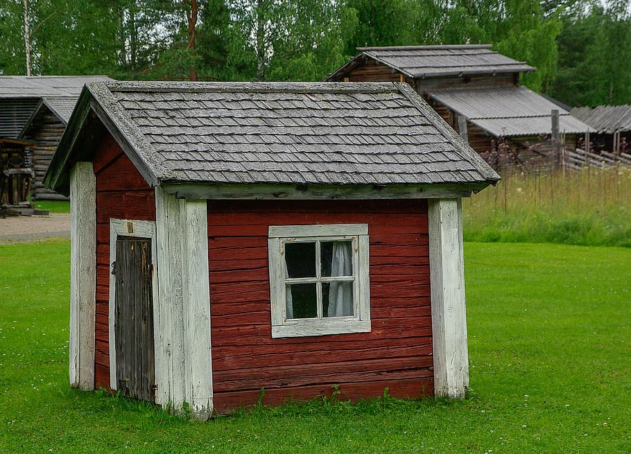red, gray, wooden, shed, finland, wooden house, architecture, built structure, building exterior, building