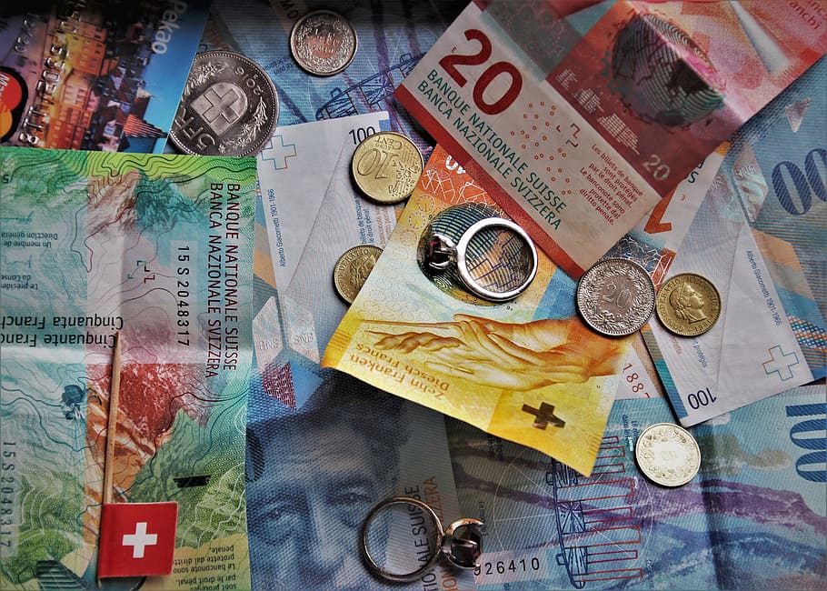 francos suíços, notas de euro, dinheiro, símbolo, moedas, medidas, finança, moeda de dez centavos, moeda, dólar