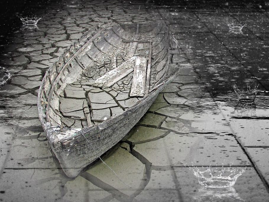 gray, clinker boat, concrete, pavement, boot, rain, gloomy, ship, water, dramatic
