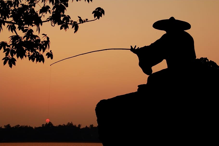 pessoa, vestindo, chapéu, segurando, vara de pesca, o cenário, natureza, silhueta, pesca, crepúsculo