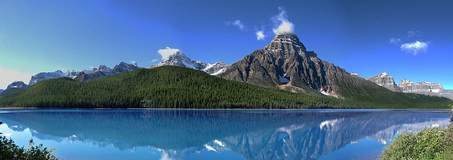 mountain, forest photo, daytime, canada, rocky mountains, british columbia, jasper national park, water, scenics - nature, sky