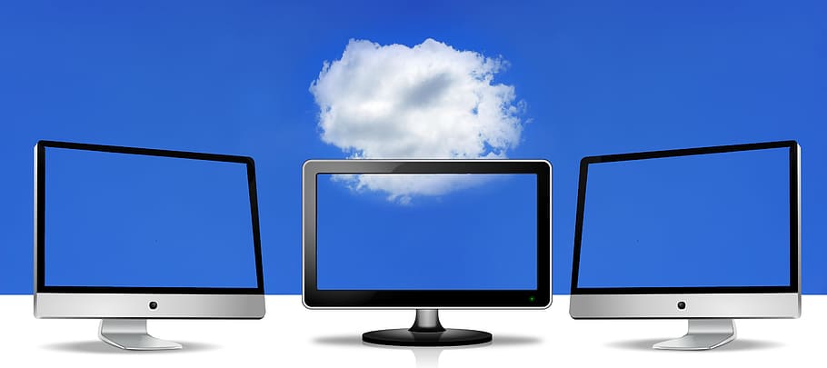 gris, plano, pantalla, monitor, nublado, cielo, nube, computación en nube, almacén de datos, capacidad