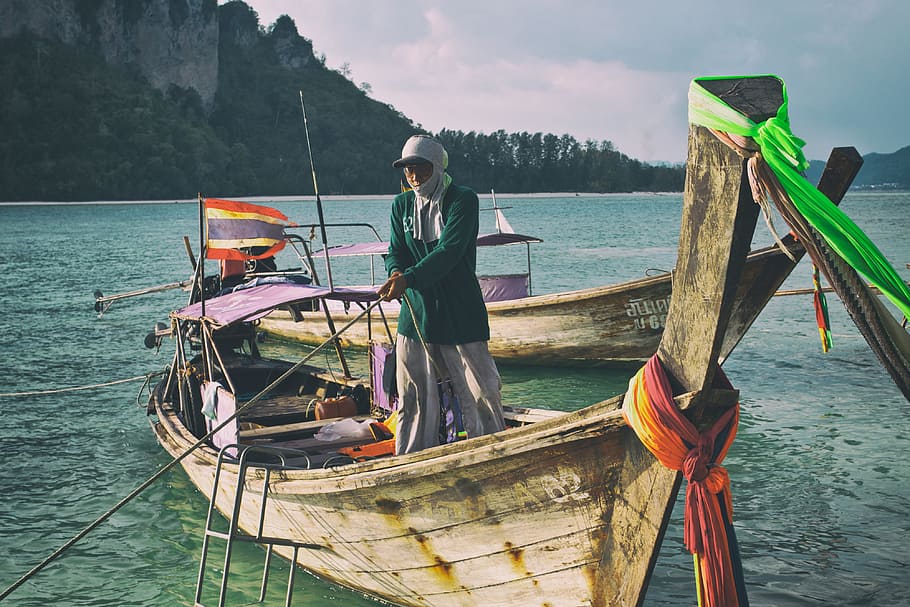 barco longtail, homem., capturado, ilha tup, tiro, homem, imagem, ilha, Krabi, Tailândia