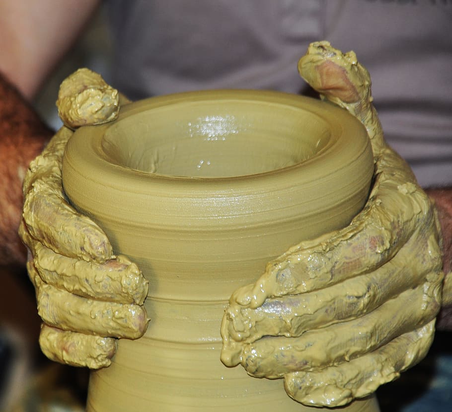 pessoa, fazendo, panela de barro, nabeul, tunísia, argila, feito à mão, cerâmica, mão, uma pessoa