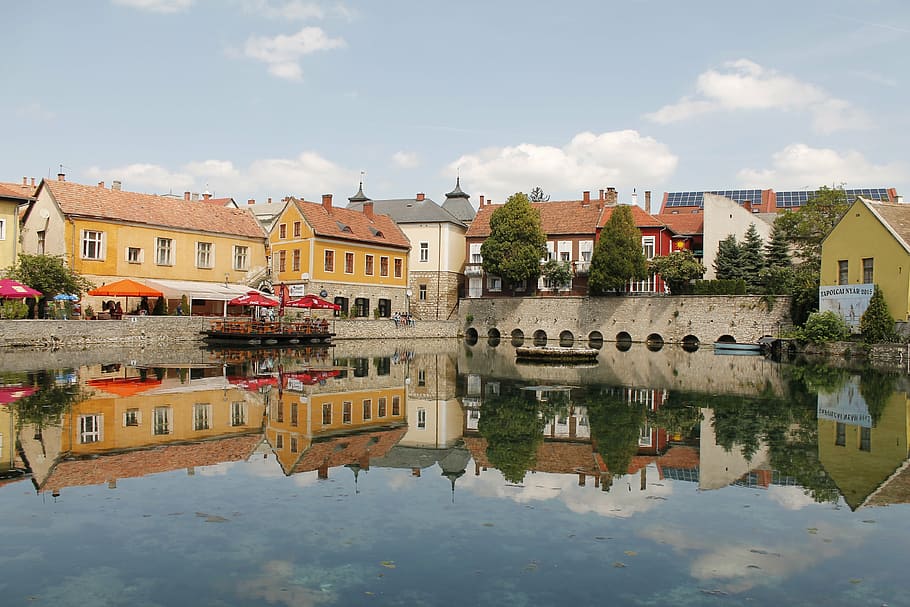 Tapolca, Hungría, lago, casas, agua, arquitectura, Europa, paisaje urbano, ciudad, lugar famoso