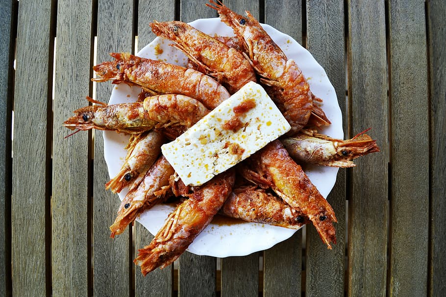 cooked, shrimp, top, white, plate, cheese, shrimps, sea food, feta, feta cheese