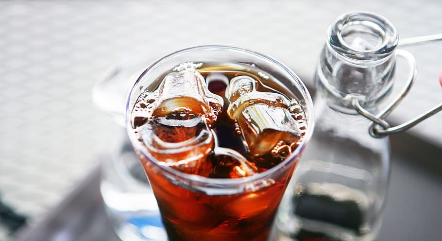 clear beverage glass, iced tea, dutch coffee, ice cubes, beverage, alcoholic, drink, café, ice, alcohol