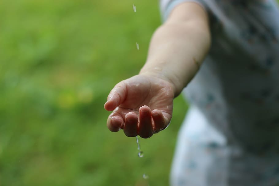 person, holding, droplets, water, rain, element, drop of water, drip, close, hand